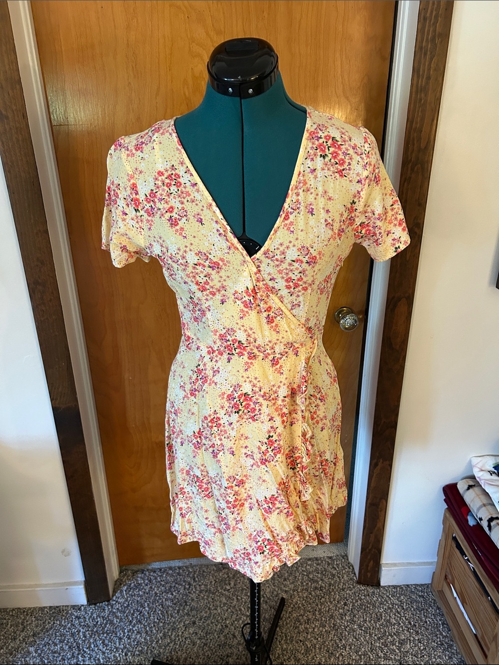 Forever 21 Yellow Floral Wrap Mini Dress with Pink Print